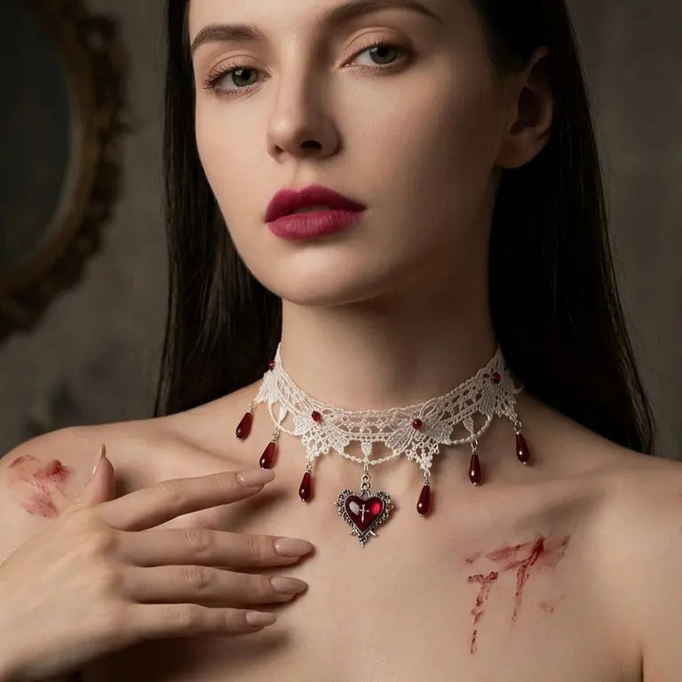 Woman with light skin tone and straight black hair wearing gothic white lace choker necklace with red teardrop bead drops and silver filigree heart cross pendant, deep red lips, bare shoulder, dark gothic interior with antique mirror background, AI-generated model image

