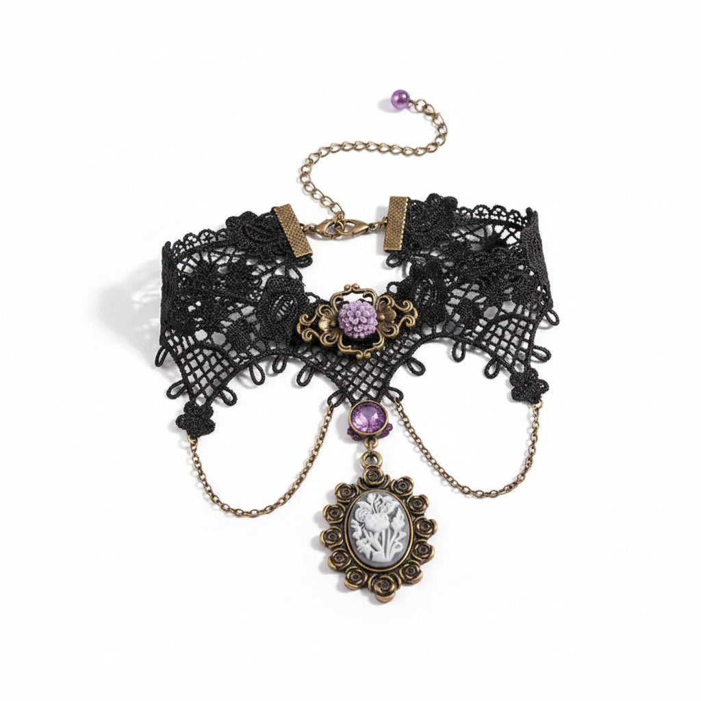 Gothic Victorian black lace filigree wide choker necklace with antique bronze scrollwork mount and purple chrysanthemum resin flower centerpiece, two draped bronze chains with purple round crystal connector, and oval antique bronze rose-frame floral cameo pendant; bronze lobster clasp with purple bead extender chain visible; isolated on white background with directional shadow