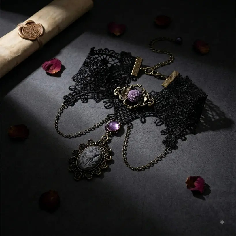 Gothic Victorian black lace choker necklace with purple chrysanthemum centerpiece, draped bronze chains and oval floral cameo pendant, displayed on dark grey stone surface with aged parchment scroll, wax seal and scattered deep red rose petals, dramatic single spotlight, black background, AI-generated image

