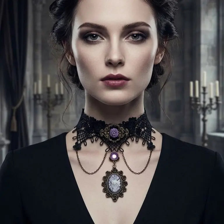 Woman with light skin tone and dark updo wearing gothic Victorian black lace choker necklace with purple chrysanthemum centerpiece, draped bronze chains, purple crystal connector and floral cameo pendant, smoky eye makeup, deep burgundy lips, black V-neck top, dark gothic hall with candelabra background, AI-generated model image

