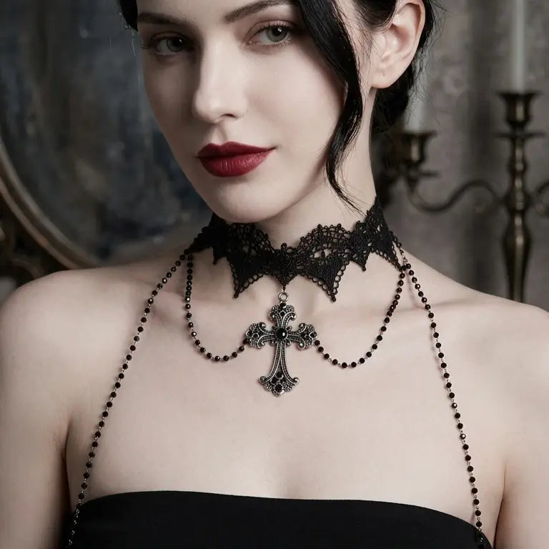 Woman with light skin tone and black updo wearing gothic black lace bat-wing choker necklace with silver filigree cross pendant and black bead rosary chains, red lips, black strapless top, dark gothic interior with candelabra background, AI-generated model image