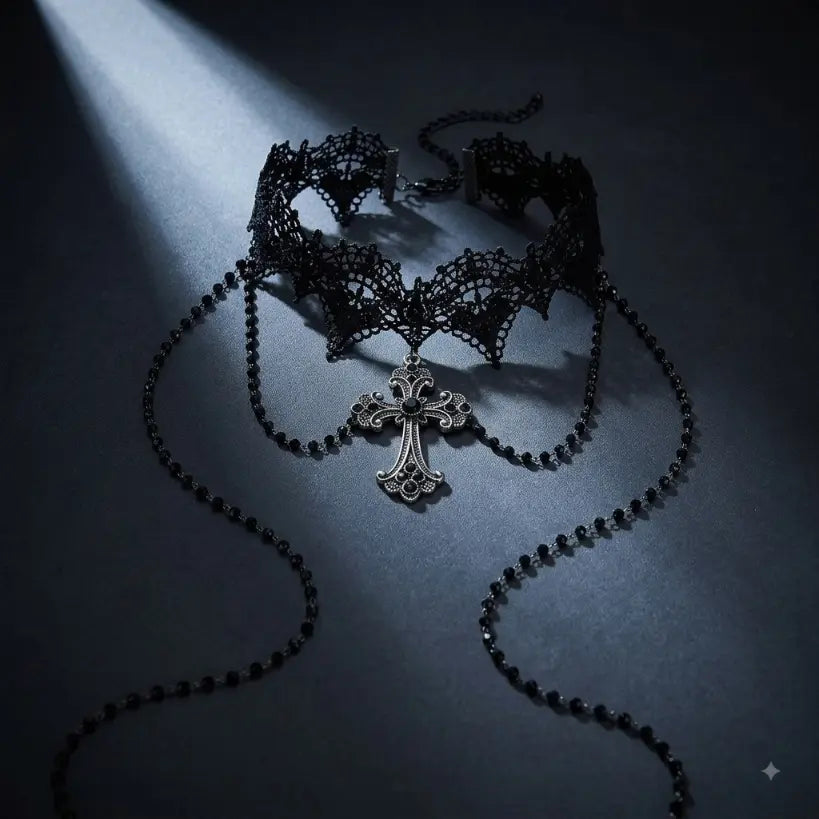 Gothic black lace bat-wing choker necklace with silver filigree cross pendant and black bead rosary chains, displayed on dark blue-grey stone surface with dramatic single spotlight beam and deep shadow, black background, AI-generated image