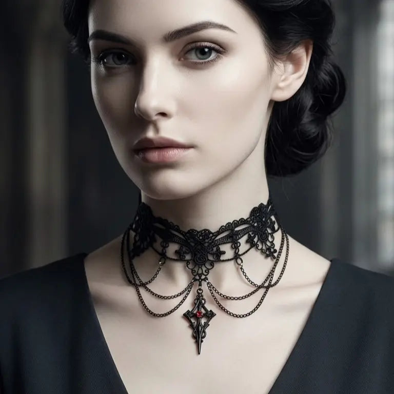 Woman with light skin tone and black updo wearing gothic black lace fleur-de-lis choker necklace with three draped gunmetal chains and black dagger spike red crystal pendant, black V-neck top, dark gothic architectural corridor background, AI-generated model image