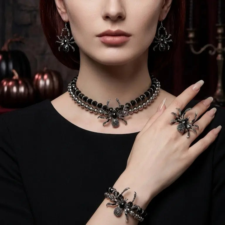 Model with light skin tone and short dark auburn hair wearing gothic spider jewelry set including double-layer beaded spider bracelet on wrist, matching spider drop earrings, spider choker necklace and spider ring, black long-sleeve top, dark gothic Halloween interior with copper pumpkins and candelabra background, AI-generated model image — bracelet shown as part of coordinated set

