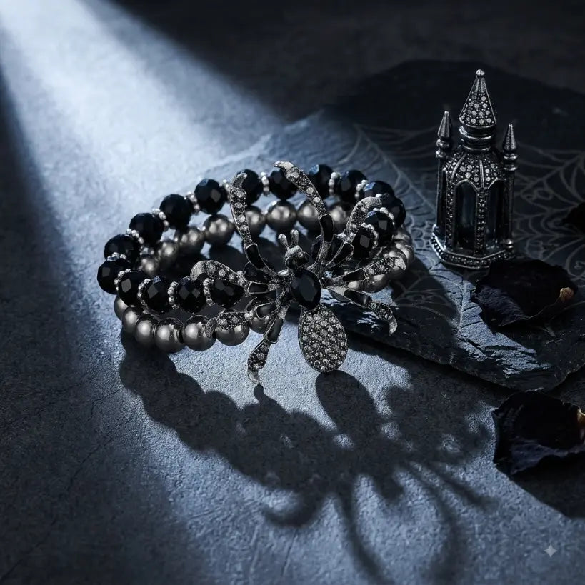 Gothic double-layer stretch bracelet set with black faceted crystal beads, grey faux pearl beads and gunmetal rhinestone spider charm, displayed on dark blue-grey stone slab with spider web relief texture, gunmetal gothic spire miniature prop and scattered black dried leaves, dramatic single spotlight, dark background, AI-generated image

