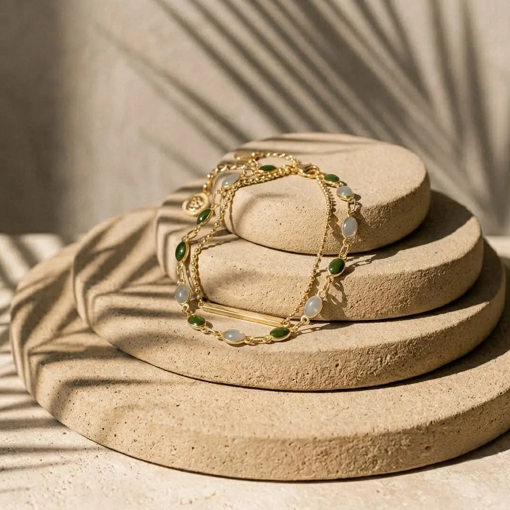 Green Cat Eye Double Layer Bracelet | Gold Copper Alloy Chain with Bar Charm
