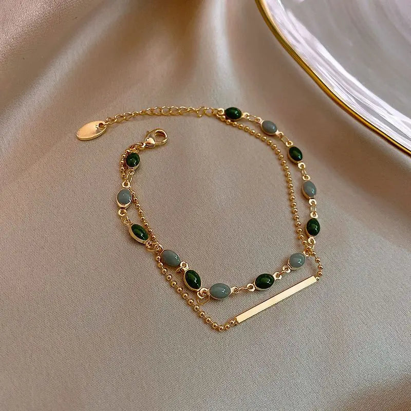 Green Cat Eye Double Layer Bracelet | Gold Copper Alloy Chain with Bar Charm