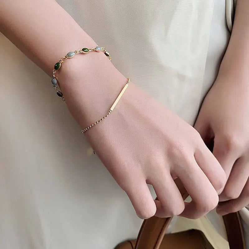 Green Cat Eye Double Layer Bracelet | Gold Copper Alloy Chain with Bar Charm