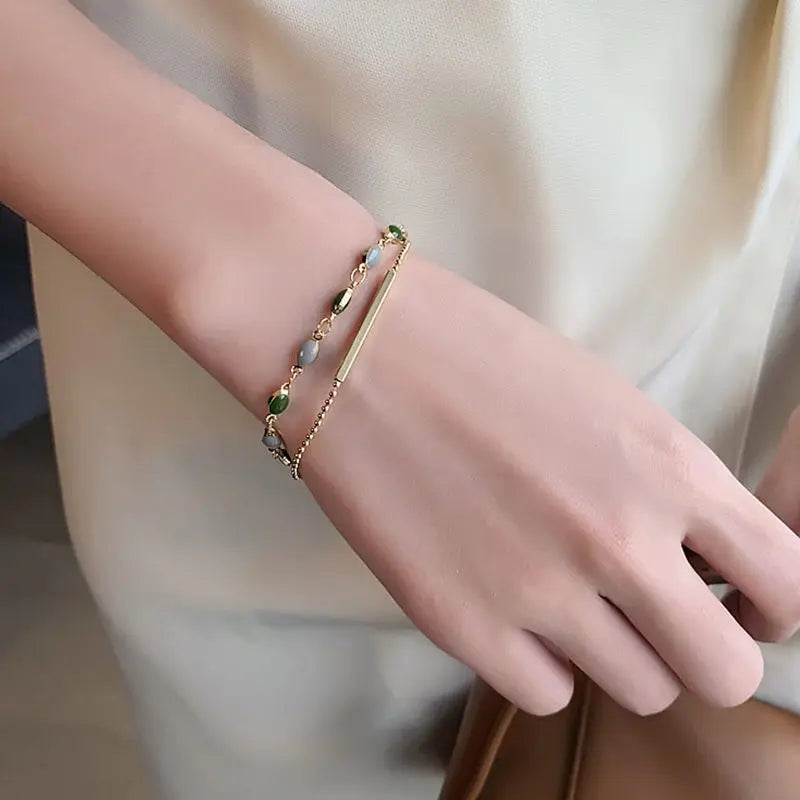 Green Cat Eye Double Layer Bracelet | Gold Copper Alloy Chain with Bar Charm