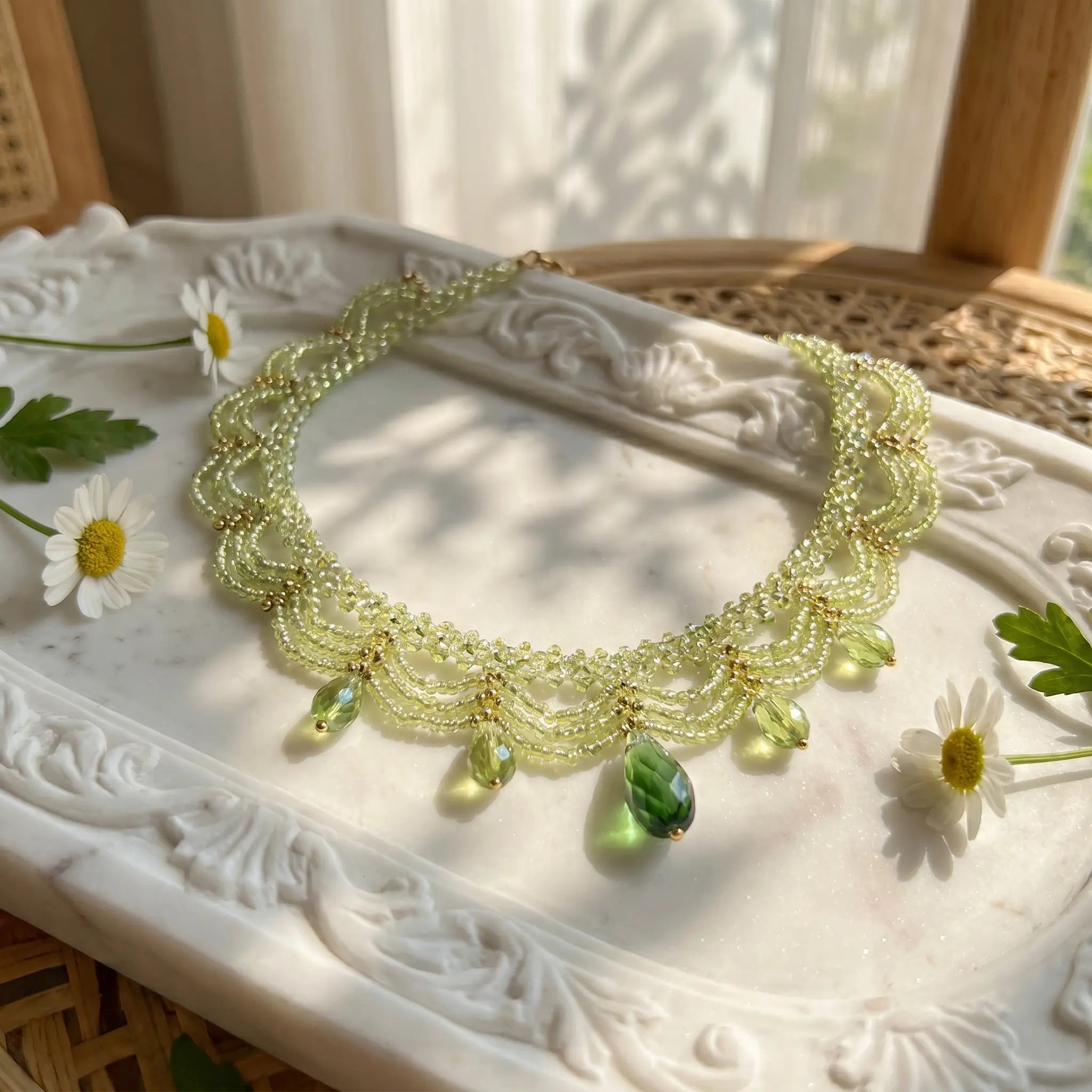 Green Lace Beaded Layered Necklace | Multi-Strand Collarbone Chain