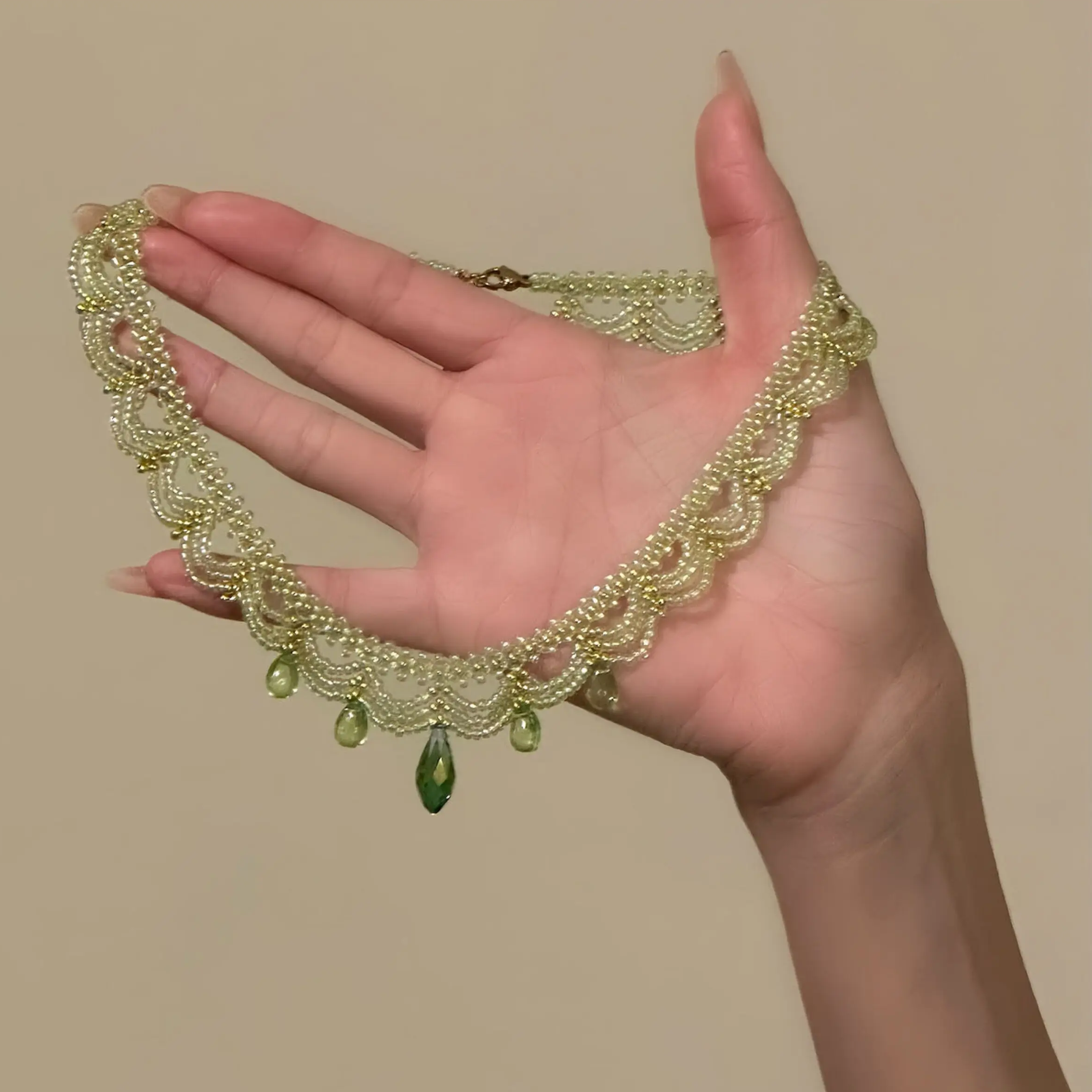Green Lace Beaded Layered Necklace | Multi-Strand Collarbone Chain