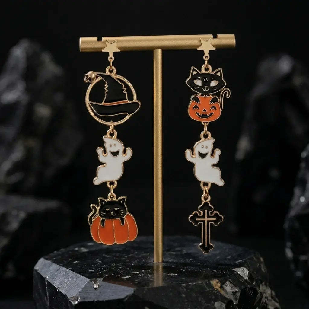 Halloween asymmetric witch hat ghost and cross drop stud earring set on gold T-bar stand placed on black rough obsidian rock — left earring with witch hat ring frame, smiling ghost and black cat pumpkin drops; right earring with black cat jack-o-lantern, ghost and gothic cross drops — dark black background with soft ambient light

