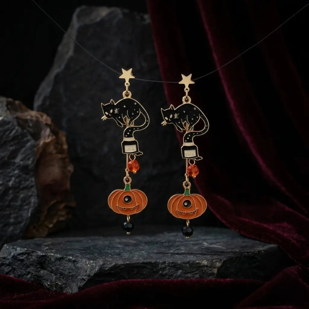 Pair of Halloween gold-tone black cat pumpkin drop stud earrings suspended on wire in front of dark grey rough rock with deep burgundy velvet drape background — gold star stud, black enamel arched cat on ink bottle, orange crystal bead, orange enamel pumpkin and black bead drop — soft ambient light, dark atmospheric display

