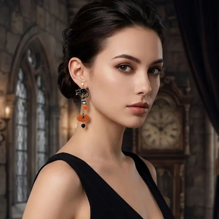 Woman with light skin tone and dark updo wearing Halloween gold-tone black cat pumpkin drop stud earring on left ear — gold star stud, black enamel arched cat on ink bottle, orange crystal bead, orange enamel pumpkin and black bead drop — black V-neck sleeveless top, dark gothic hall with lancet windows, grandfather clock and candelabra background, AI-generated model image


