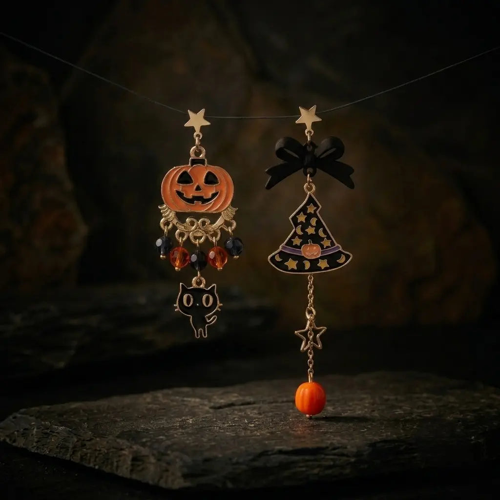 Halloween asymmetric pumpkin cat and witch hat drop stud earring set suspended on wire over dark grey rough rock surface — left earring with orange enamel jack-o-lantern, crystal bead drops and black cat charm; right earring with black bow, star moon witch hat pendant and orange bead drop — dark brown cave rock texture background with warm orange candlelight from right


