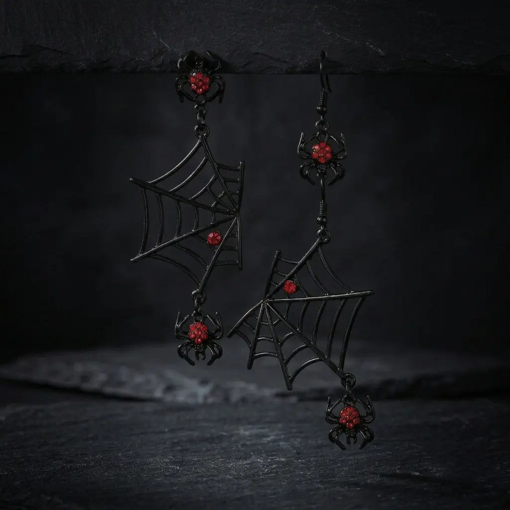 Pair of Halloween black alloy spider web hook earrings suspended against dark black background, showing full structure: fish hook wire, red rhinestone spider connector, spider web pendant with red crystal center, and red rhinestone spider drop at bottom; dark atmospheric display with soft ambient light

