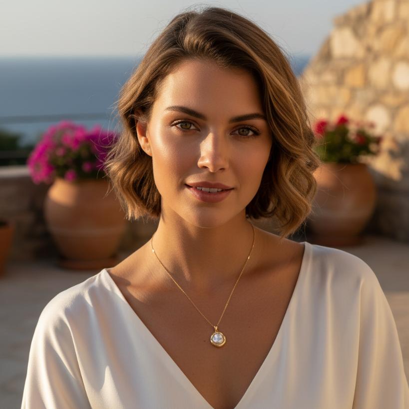 Woman with light skin tone wearing gold satellite chain necklace with irregular baroque pearl pendant in organic gold frame, dressed in white V-neck wide-sleeve top, Mediterranean outdoor terrace background with flowers and sea view


