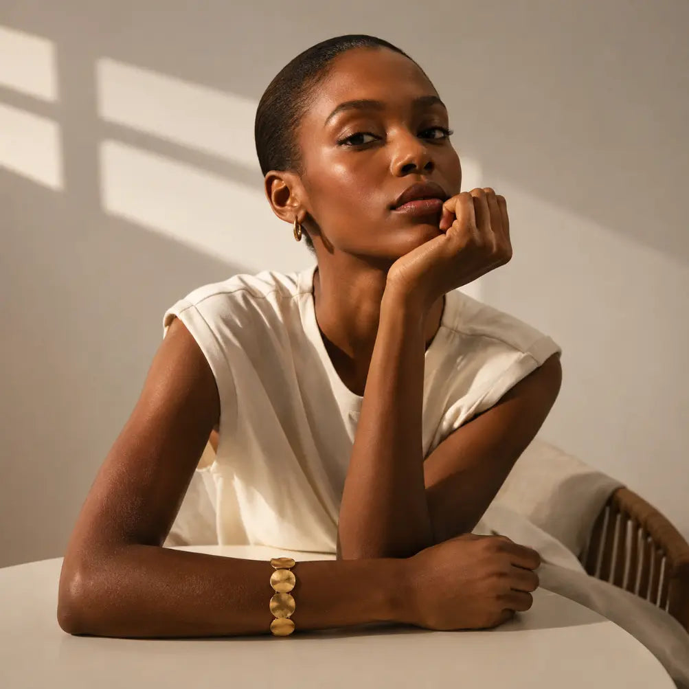 Woman with deep skin tone wearing matte gold irregular disc elastic stretch bracelet on left wrist, arms resting on white round table with chin on hand, dressed in cream sleeveless top with small gold hoop earrings, warm grey background with window light and wooden chair

