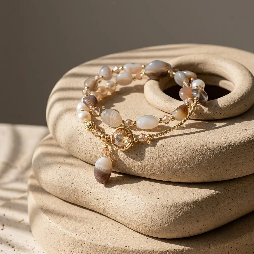 Armband aus Naturperlen & Achat | 18K vergoldete Kupferkette