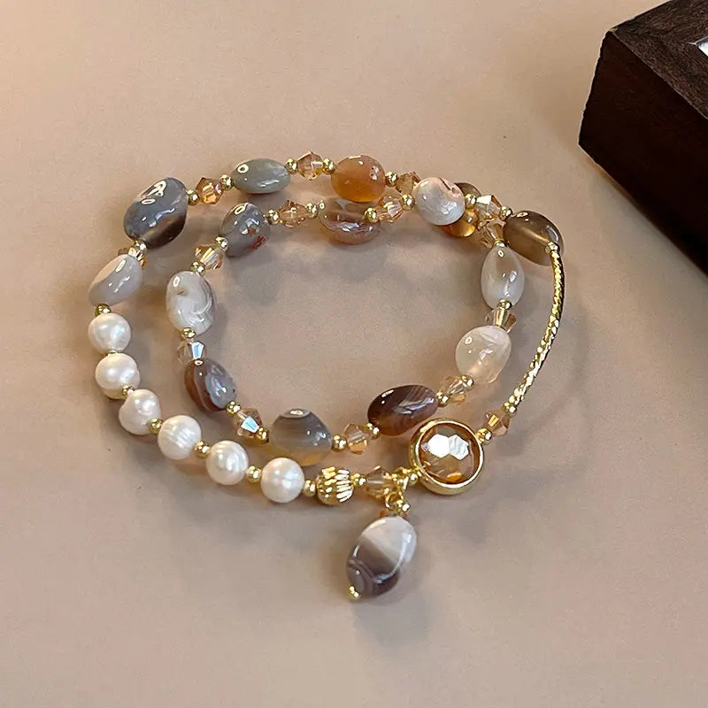 Armband aus Naturperlen & Achat | 18K vergoldete Kupferkette