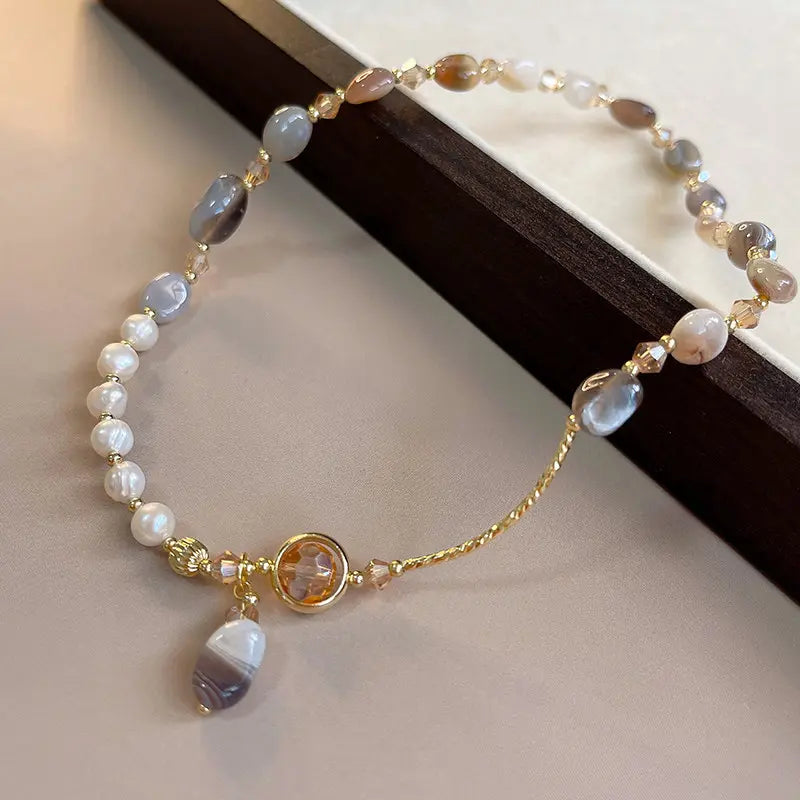 Armband aus Naturperlen & Achat | 18K vergoldete Kupferkette