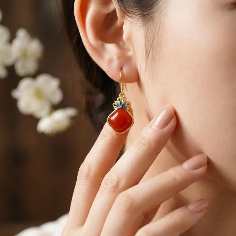 Natural Red Agate Square Cloisonné Butterfly 925 Silver Hook Earrings | Natural Stone 925 Silver Earring