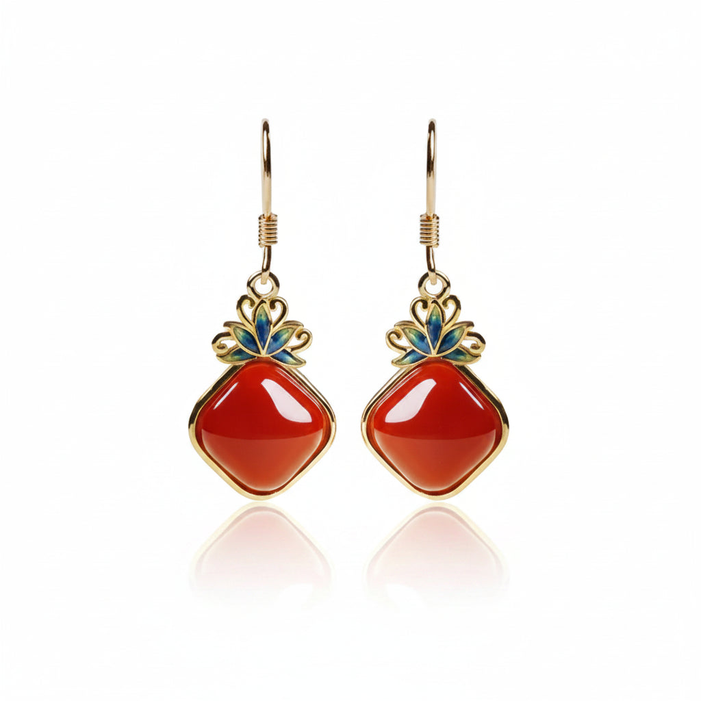 Natural Red Agate Square Cloisonné Butterfly 925 Silver Hook Earrings | Natural Stone 925 Silver Earring