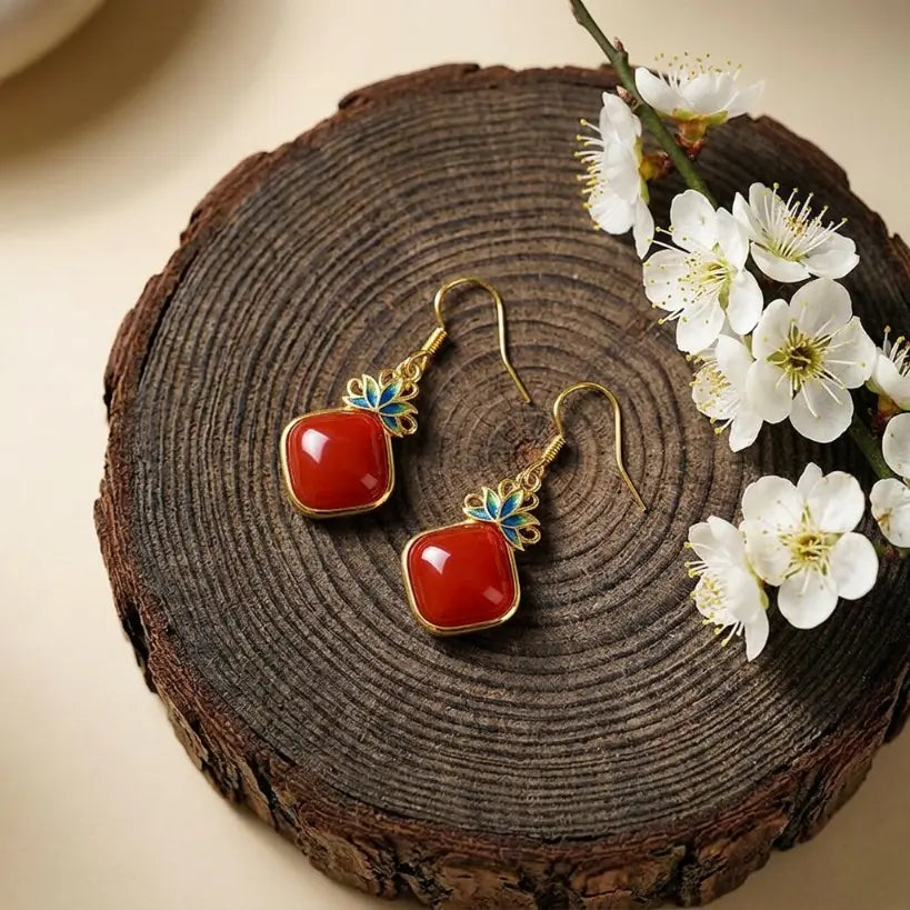 Natural Red Agate Square Cloisonné Butterfly 925 Silver Hook Earrings | Natural Stone 925 Silver Earring