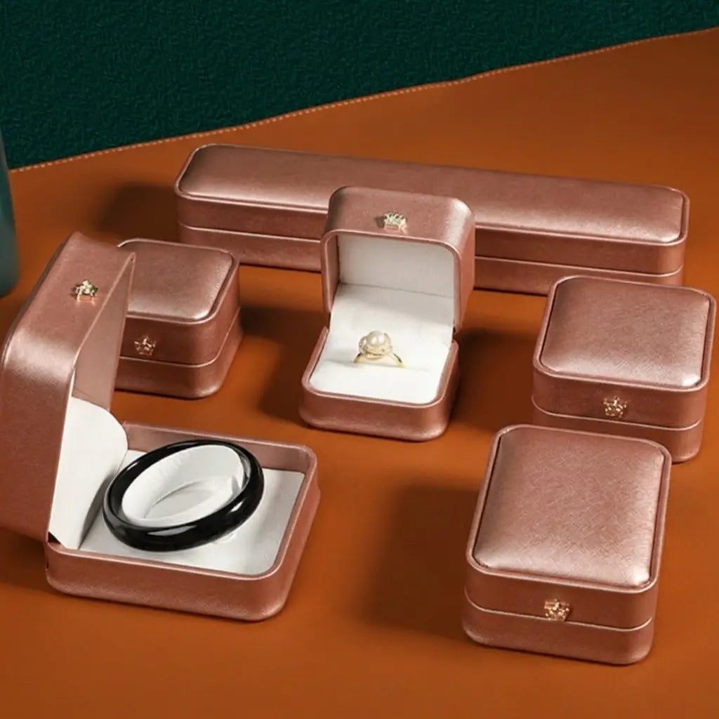 Rose Gold Jewelry Box | PU Leather Crown Clasp Gift Box — 6 Sizes