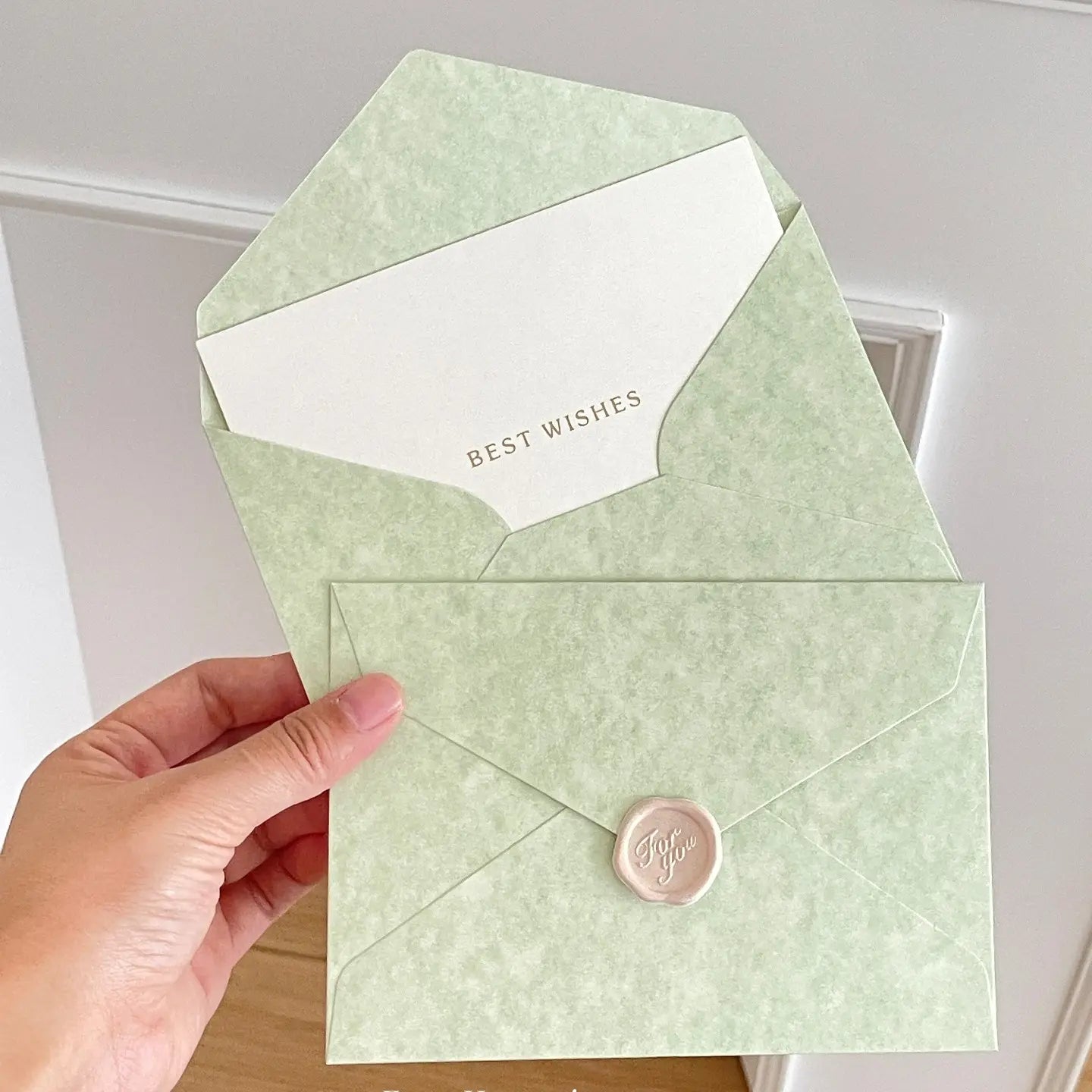 Sage Green Wax Seal Envelope & Greeting Card Set | For You Gift Card with Best Wishes