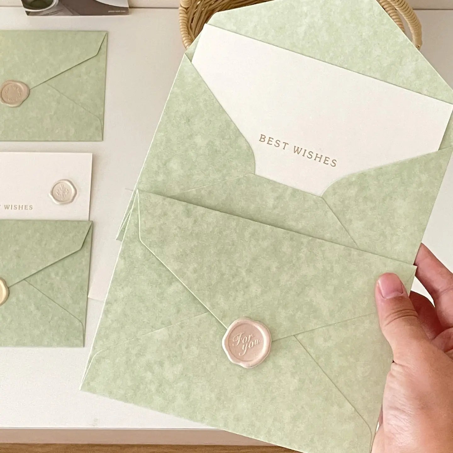 Sage Green Wax Seal Envelope & Greeting Card Set | For You Gift Card with Best Wishes