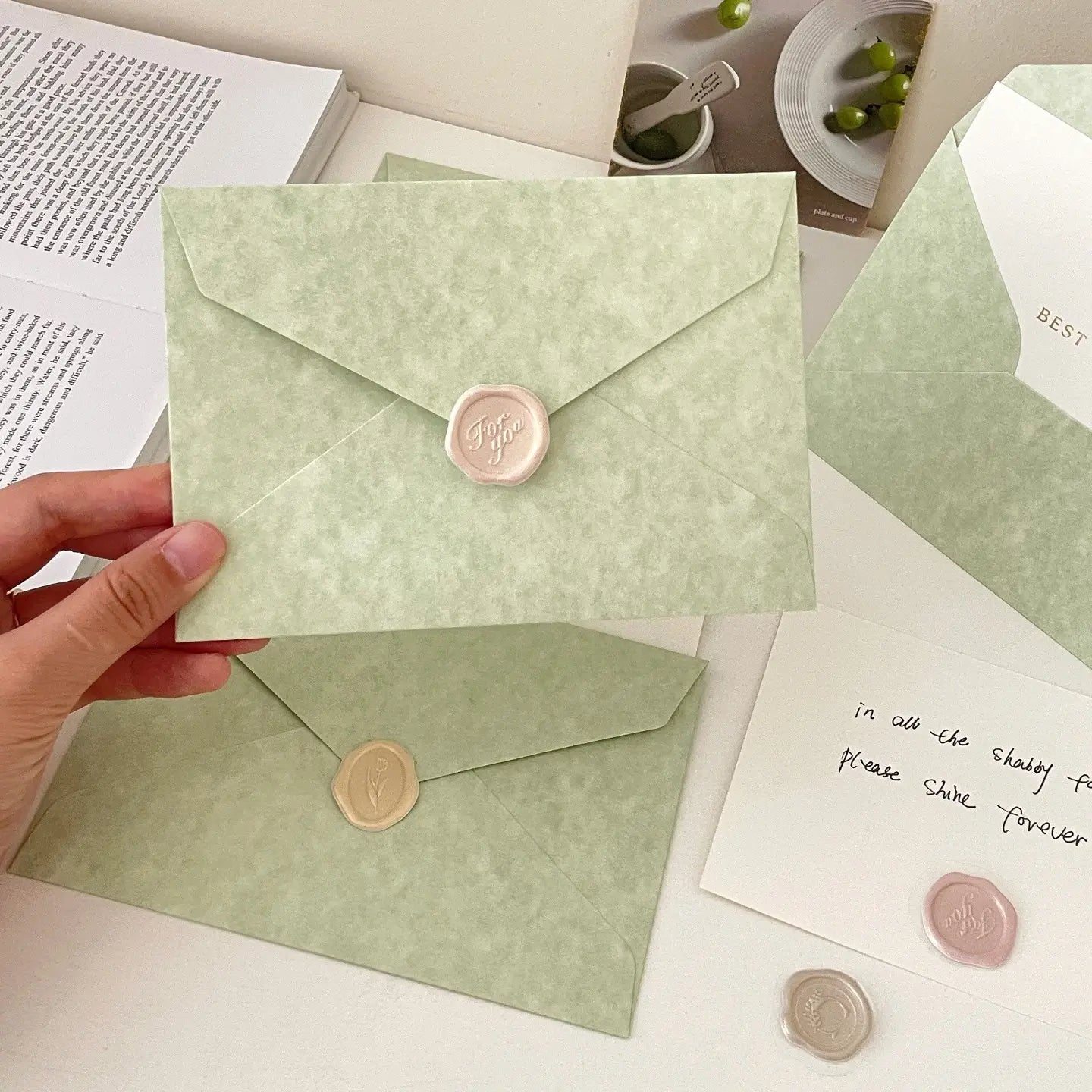 Sage Green Wax Seal Envelope & Greeting Card Set | For You Gift Card with Best Wishes
