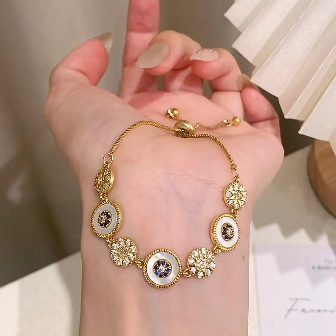 Shell & Zirconia Flower Bracelet | 14K Gold Plated Copper Enamel Chain