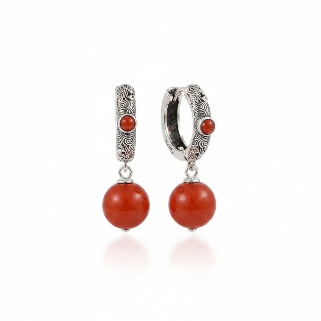 South Red Agate Ball Drop 925 Silver Hoop Earrings | Natural Stone 925 Silver Earring