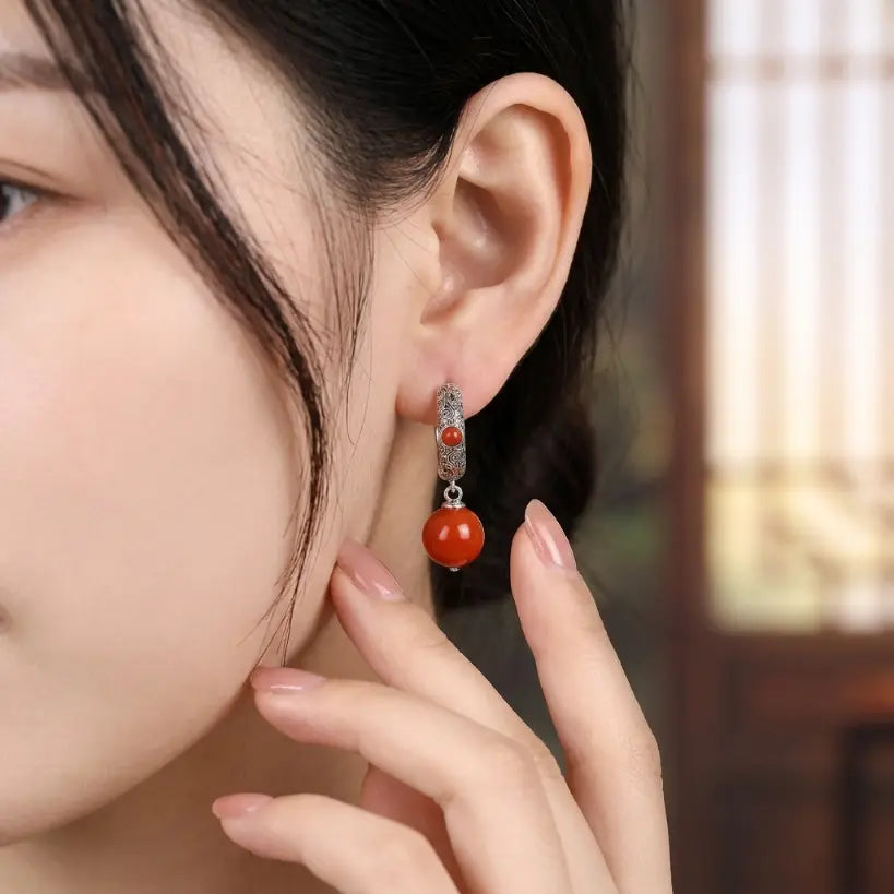 South Red Agate Ball Drop 925 Silver Hoop Earrings | Natural Stone 925 Silver Earring