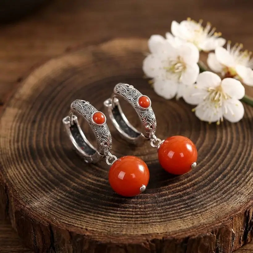 South Red Agate Ball Drop 925 Silver Hoop Earrings | Natural Stone 925 Silver Earring