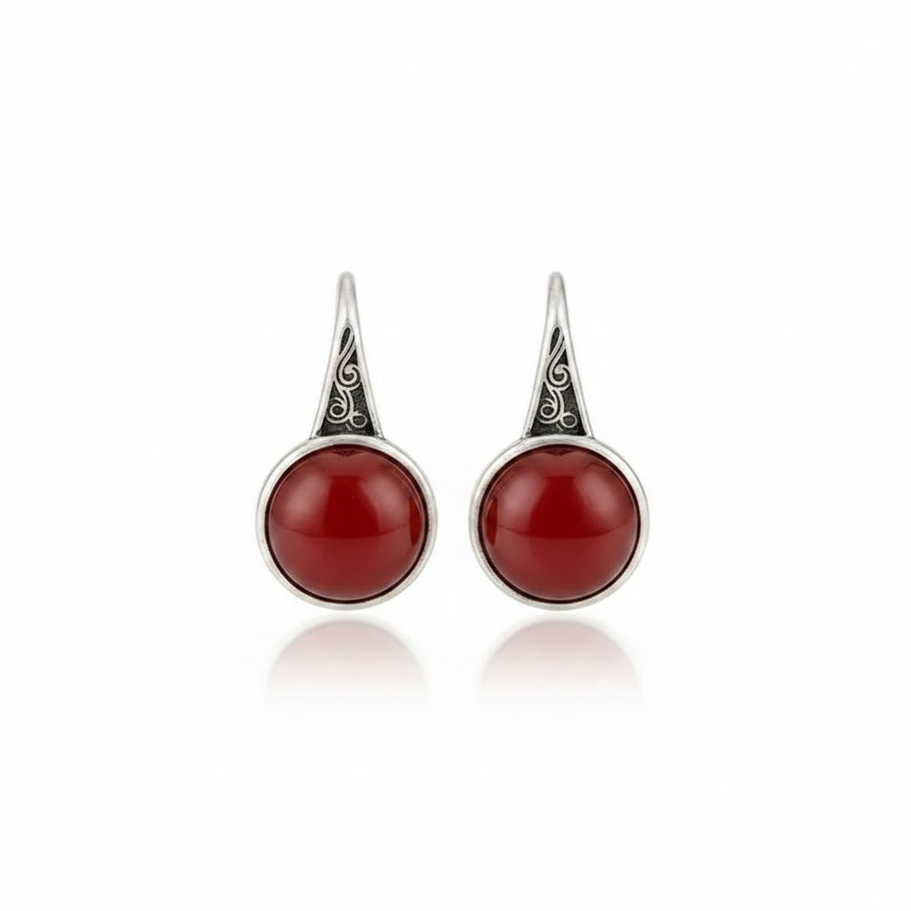 South Red Agate Round 925 Silver Hook Earrings | Natural Stone 925 Silver Earring