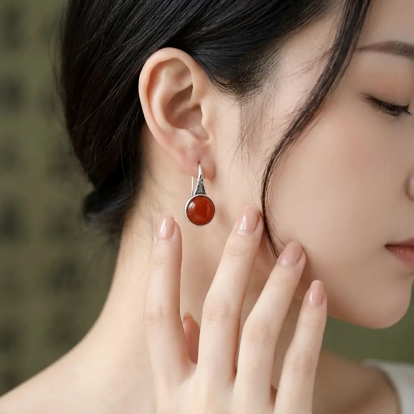 South Red Agate Round 925 Silver Hook Earrings | Natural Stone 925 Silver Earring