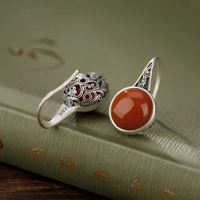 South Red Agate Round 925 Silver Hook Earrings | Natural Stone 925 Silver Earring
