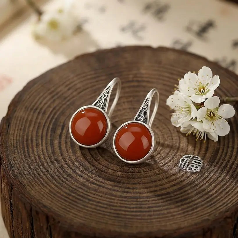South Red Agate Round 925 Silver Hook Earrings | Natural Stone 925 Silver Earring
