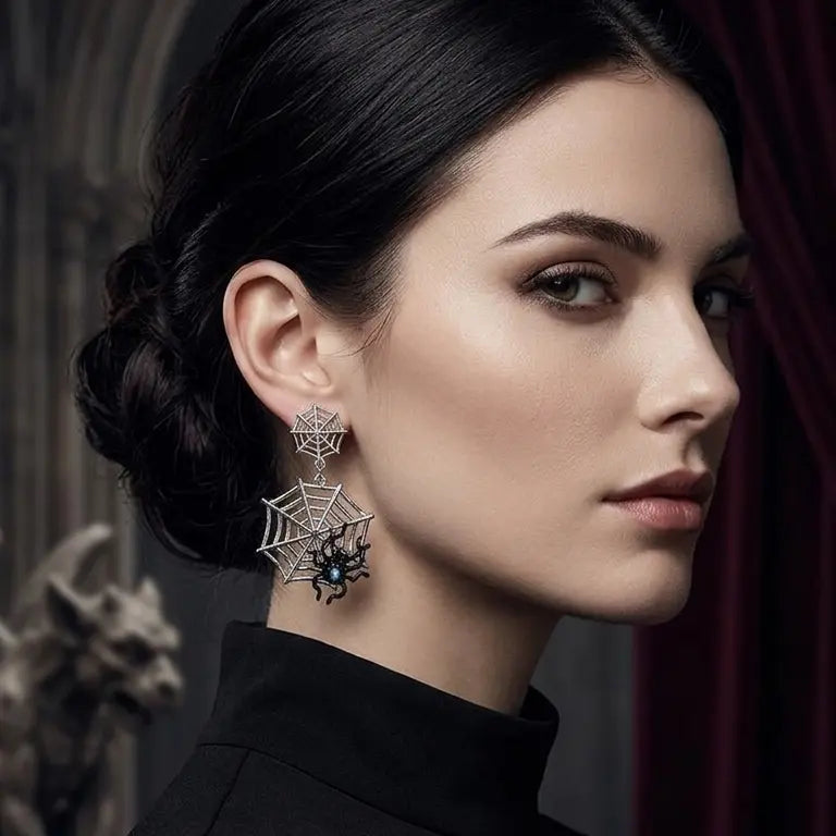Woman with light skin tone and black updo wearing gothic silver-tone double spider web drop earring on right ear — small web stud with chain drop to large web pendant with black enamel spider — smoky eye makeup, black turtleneck top, dark gothic arched hall with stone gargoyle and burgundy drape background, AI-generated model image

