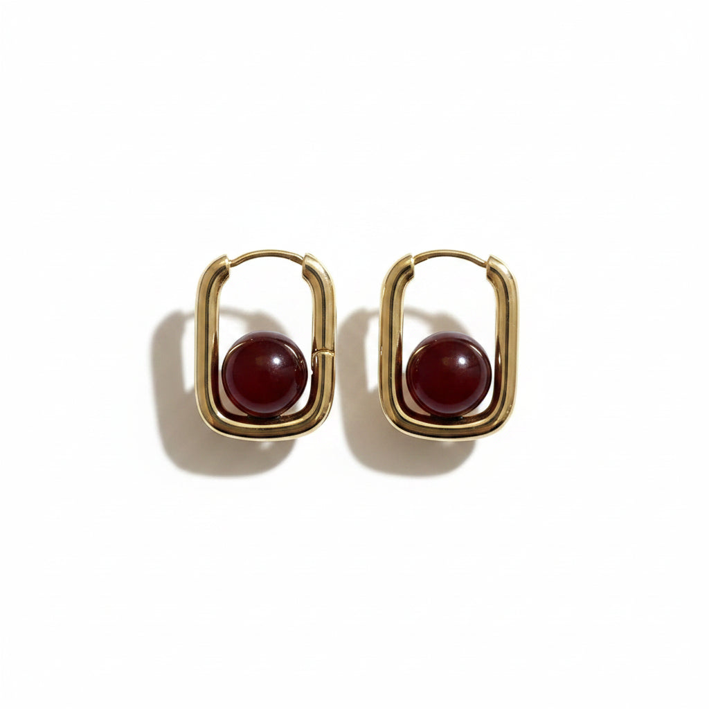 Square Hoop Earrings with Red Agate Bead | Gold-Tone Copper Alloy