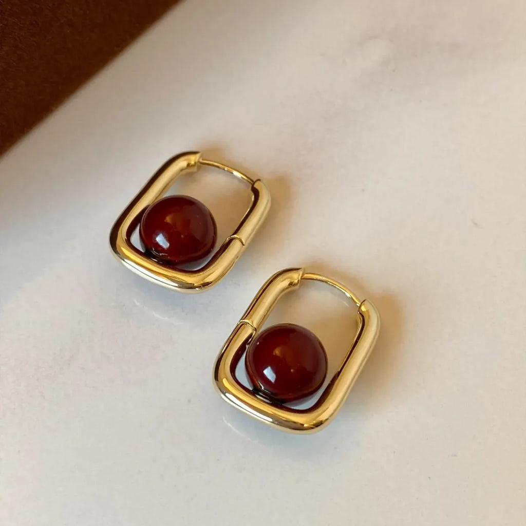 Square Hoop Earrings with Red Agate Bead | Gold-Tone Copper Alloy