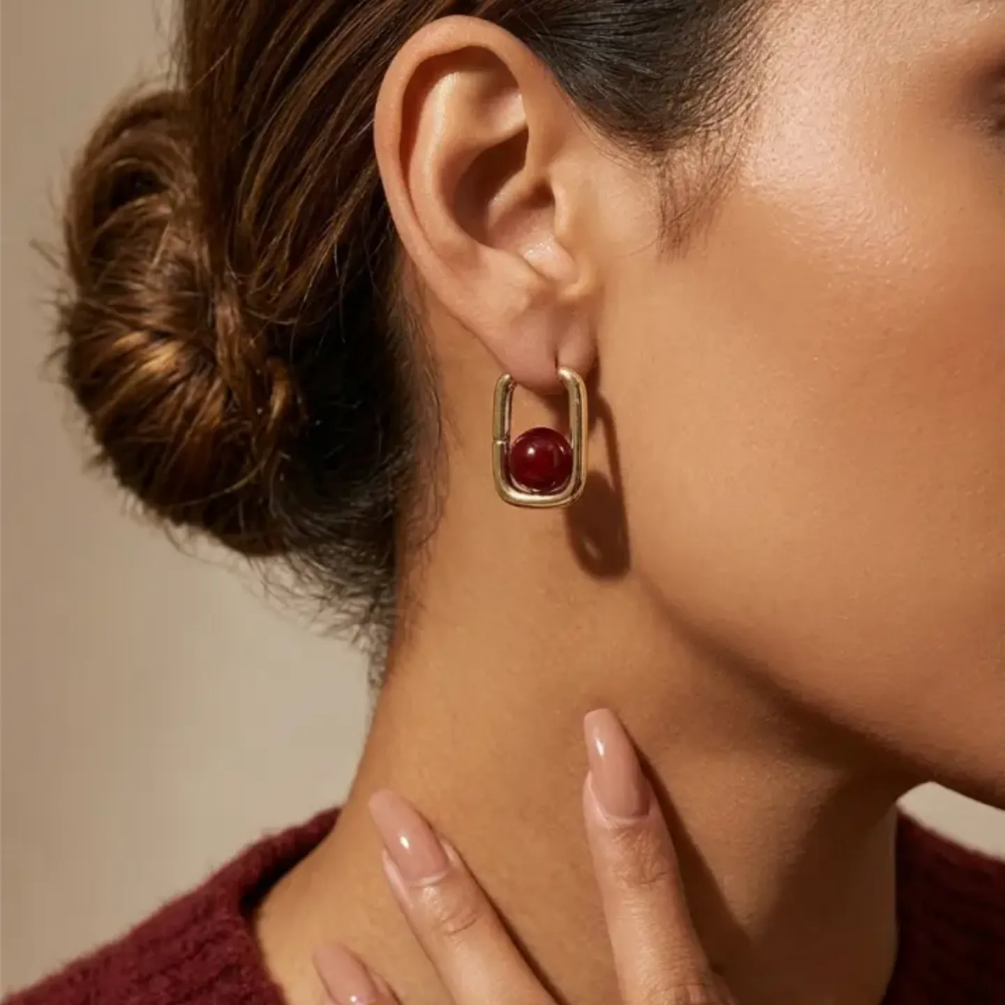 Square Hoop Earrings with Red Agate Bead | Gold-Tone Copper Alloy