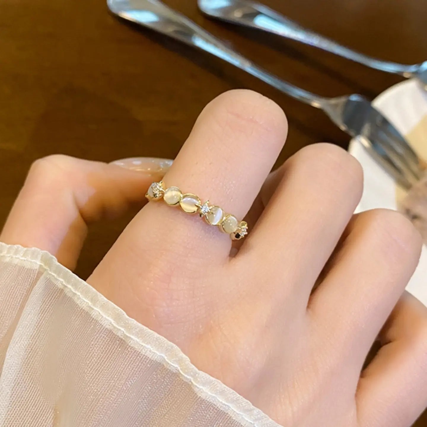 Bague Étoile avec Pierre Oeil de Chat Rose | Bande Réglable Plaqué Or 18 Carats