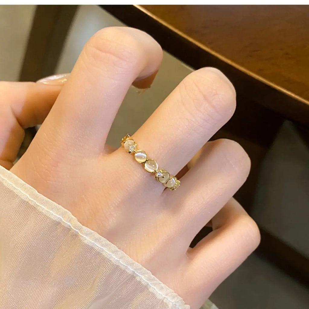 Bague Étoile avec Pierre Oeil de Chat Rose | Bande Réglable Plaqué Or 18 Carats