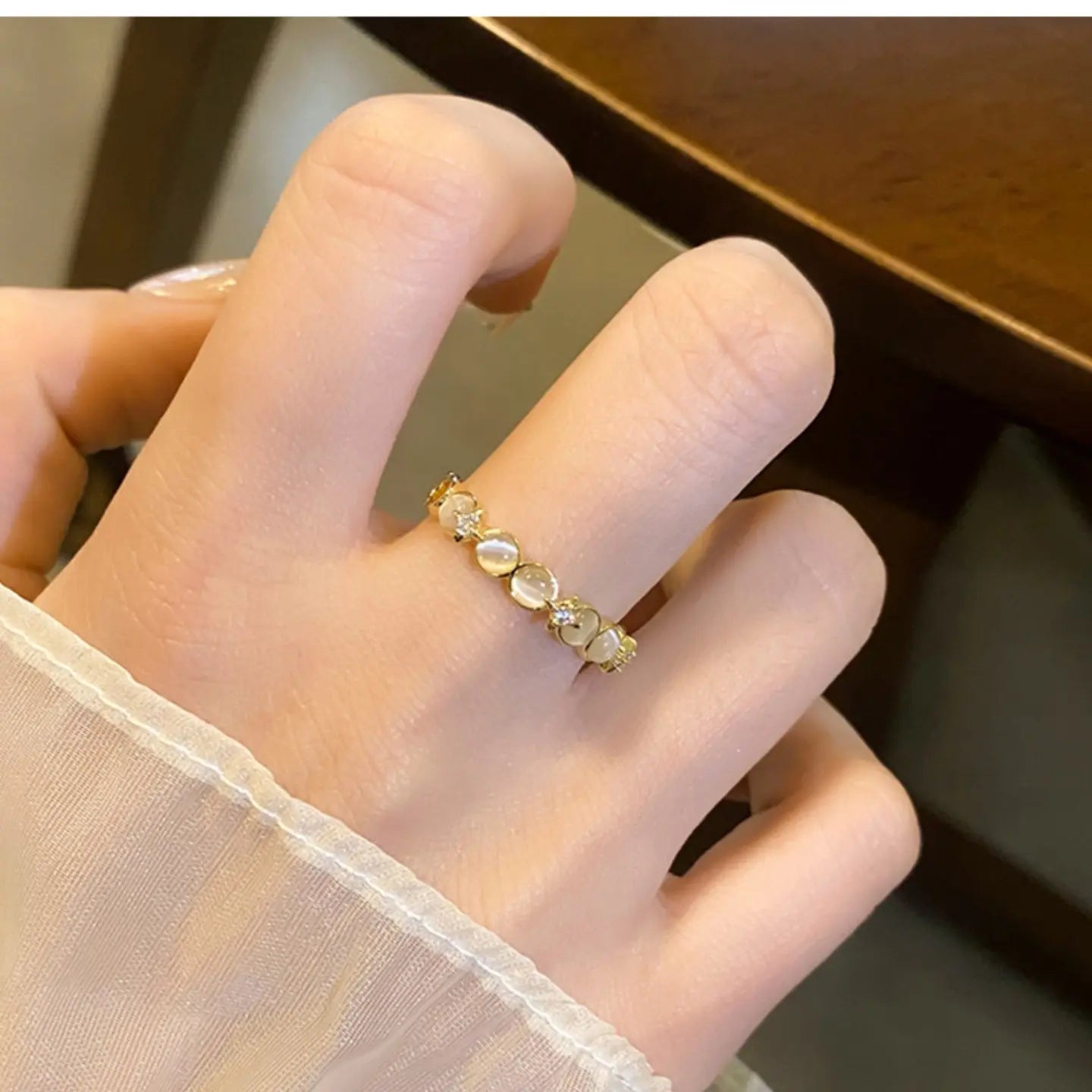 Bague Étoile avec Pierre Oeil de Chat Rose | Bande Réglable Plaqué Or 18 Carats