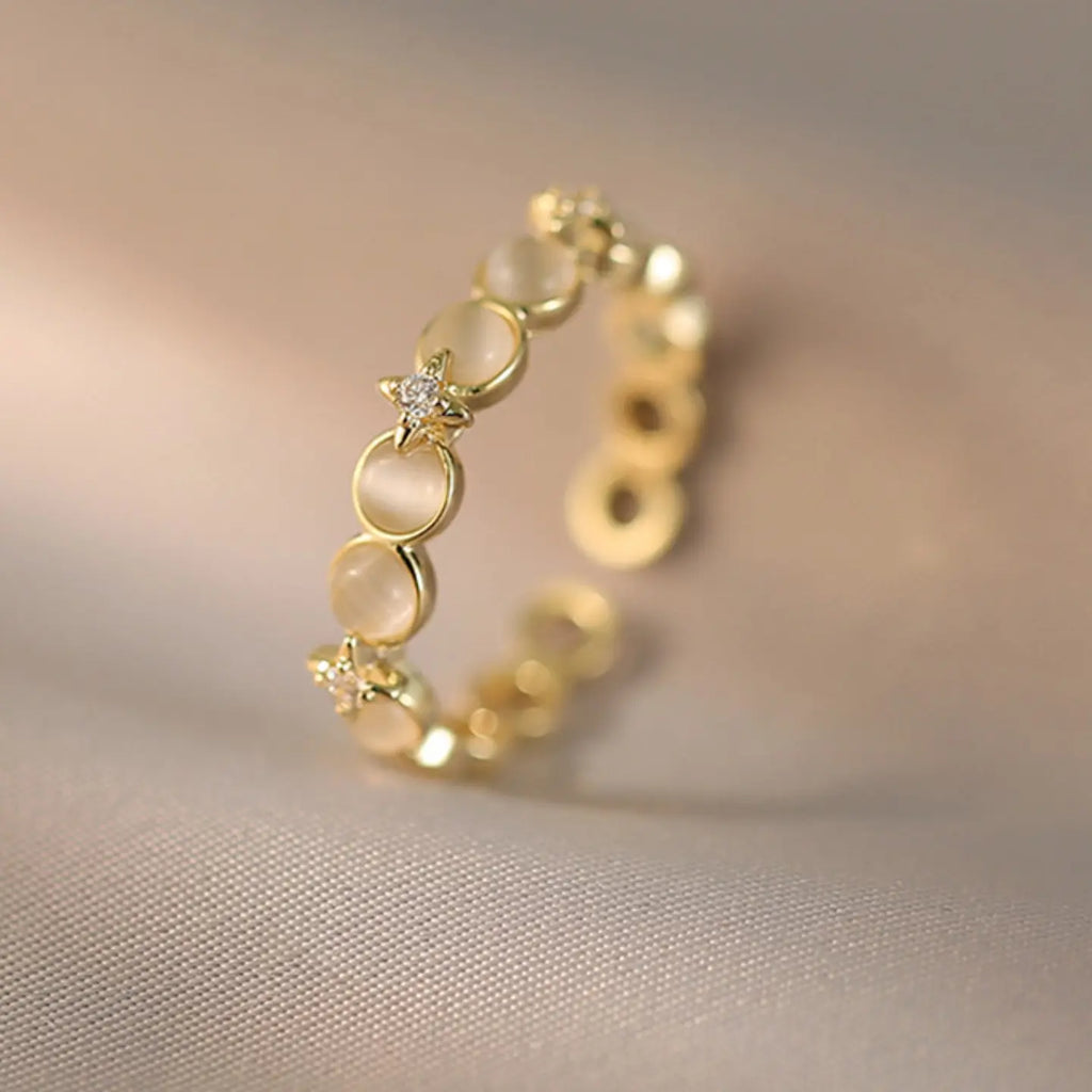 Bague Étoile avec Pierre Oeil de Chat Rose | Bande Réglable Plaqué Or 18 Carats