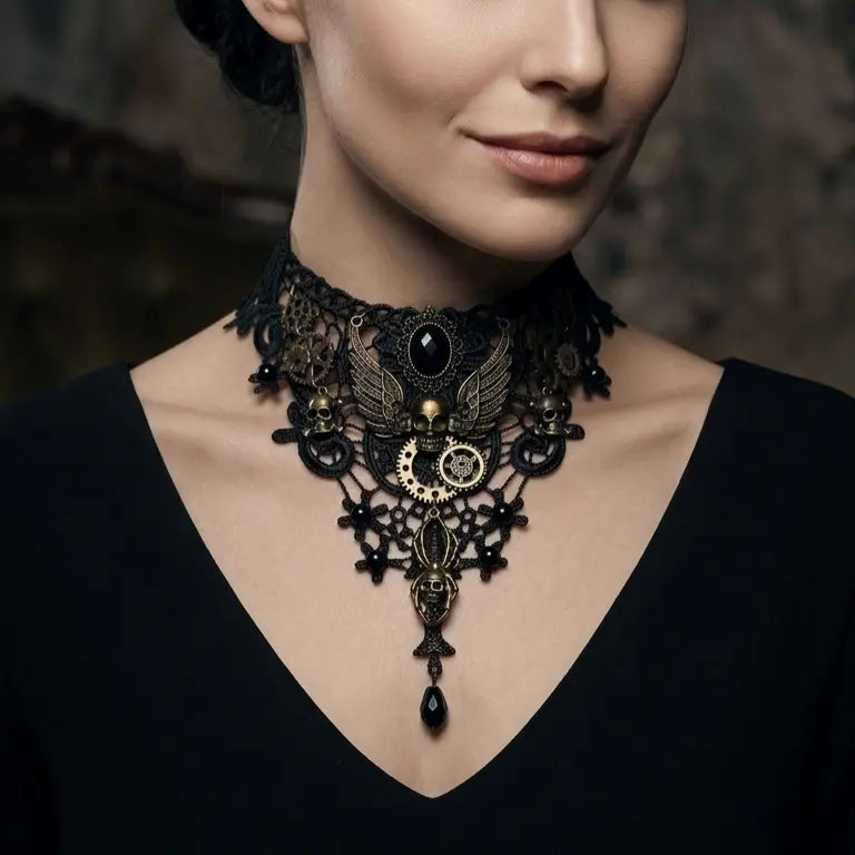 Woman with light skin tone and short dark hair wearing steampunk gothic black lace bib choker necklace with antique bronze winged skull, gear charms, spider drop and black teardrop crystal pendant, black V-neck top, dark gothic stone wall background, AI-generated model image

