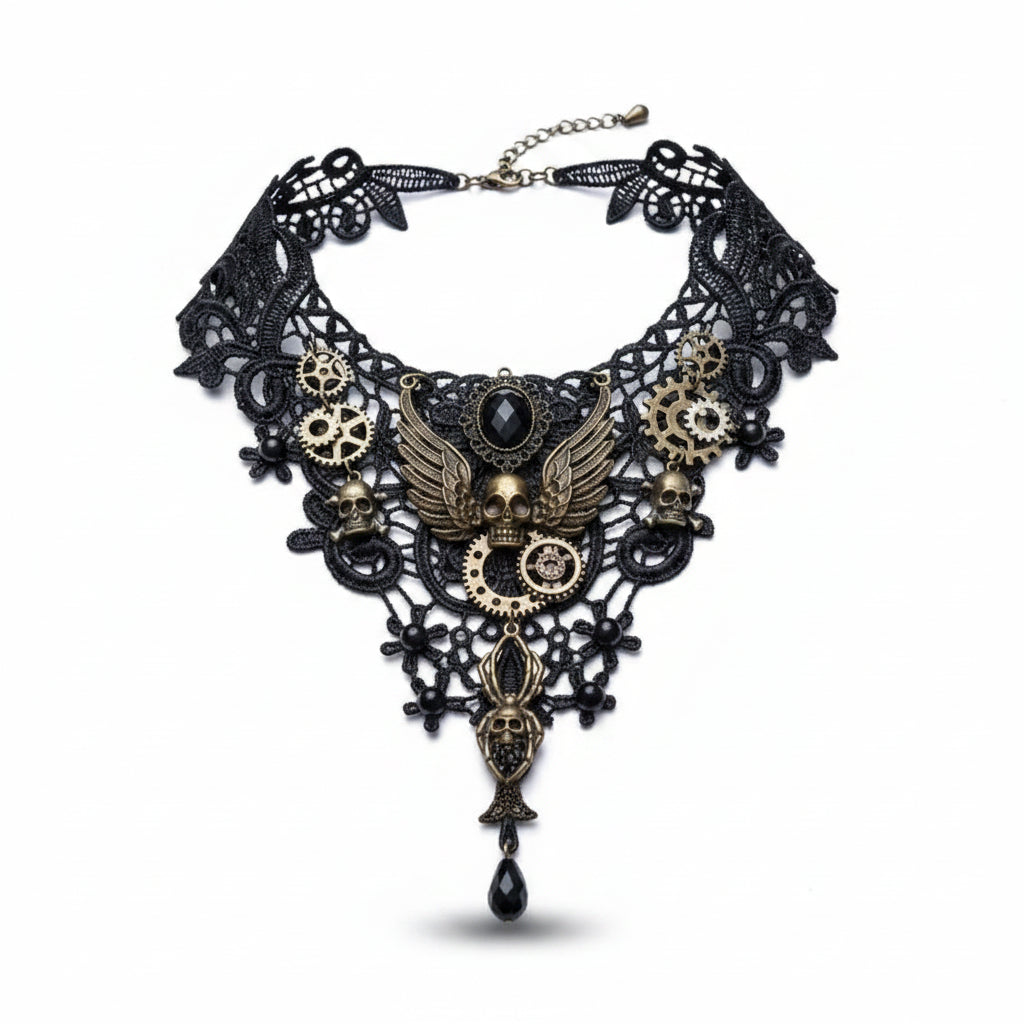 Steampunk gothic black lace filigree wide bib choker necklace with antique bronze winged skull centerpiece, black faceted oval gemstone, four bronze gear charms, bronze clockwork gear dial, bronze spider skull drop and black teardrop crystal pendant; bronze lobster clasp with extender chain; isolated on white background with soft drop shadow

